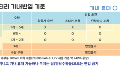 25년 3월 1일 부터 바뀌는 기내 보조배터리 반입 규정  단락방지, 허용 용량, 항공사 승인 받아야하는 용량